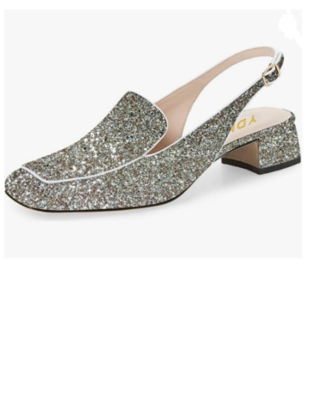 YDN Silver Glitter Square Toe Block Low Heel Slingback Formal Loafer Dressy Sho